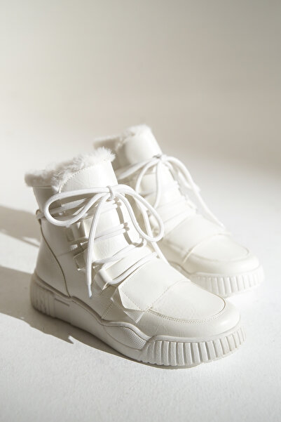 HVZ Exclusive Beyaz Kadın Bot Bağcıklı Cırtlı Kışlık Kar Botu Okul, Günlük Bot Kikas Kar Botu Uludağ Botu