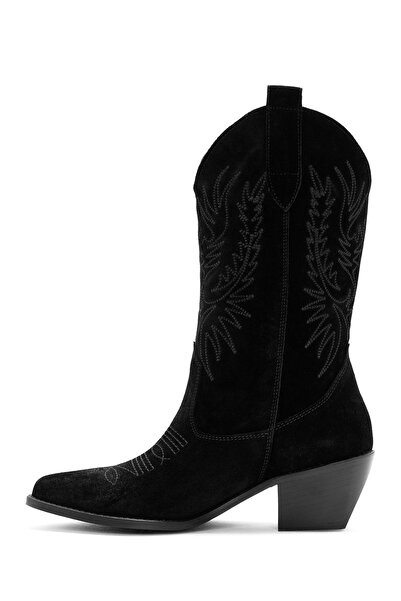 Derimod Kadın Siyah Süet Deri Topuklu Kovboy Bot 24WFD152610