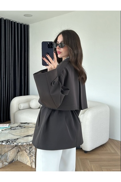 Lovely butik Women's Short Trench Coat with Cape Detail and Four Buttons with Belt