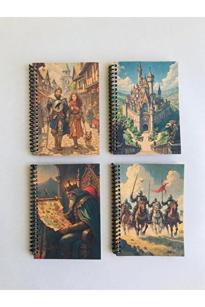 Pridas Orta Çağ Temalı Vintage 4'lü Konsept Kraft Defter Seti Çizgisiz
