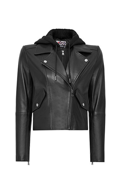 Derimod Smart Women's Black Hooded Biker Leather Jacket 24Wgm5262R3
