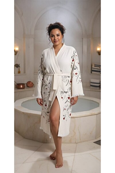 SEMTEKSTİL Curve (Plus Size) Silhouette Muslin Kimono&Kaftan Bathrobe, Dressing Gown, with Hidden Pocket