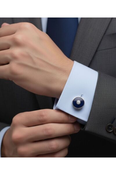 1001 Kravat Lacivert Zemin Üzerine Tek Taş Detaylı Klasik Kol Düğmesi