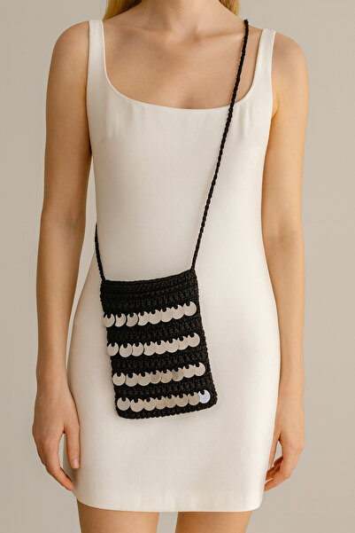 zümal tekstil tasarım El Örgüsü Simli  Floş  İp  Pullu Kadın Omuz Telefon Çantası ( Renk Siyah)