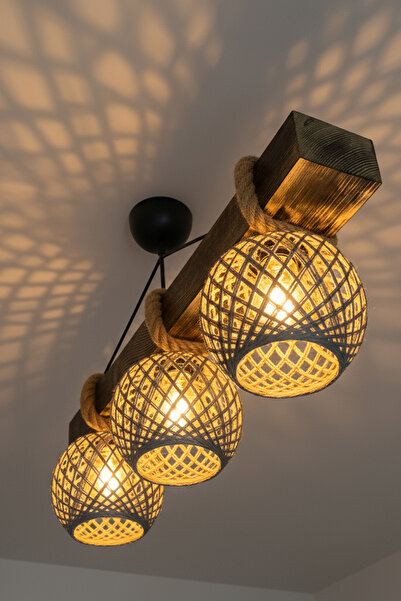 Celestia Üçlü Rustik Ahşap Avize El Yapımı Bohem Doğal Ahşap Tasarım İskandinav Dekor Lamba Halatlı Sarkıt