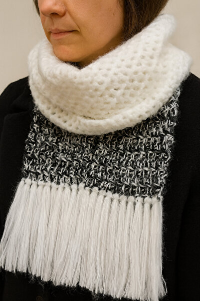 zümal tekstil tasarım Χειροποίητο πλεκτό κασκόλ (Λευκό-Μαύρο)