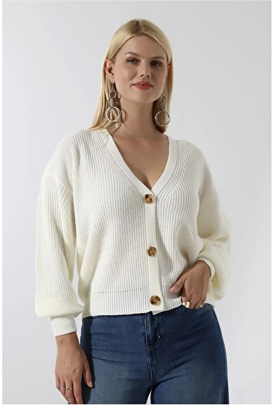 Genel Markalar Kadın Beyaz Uzun Kollu Düğmeli Triko Hırka