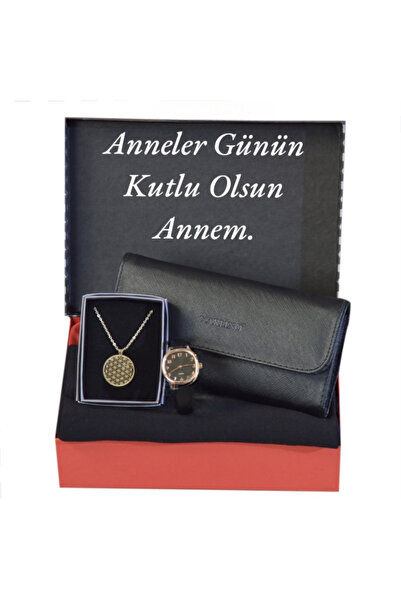 Spectrum Kadın Siyah Cüzdan- Kol Saati - Penye Şal - Çelik Kolye