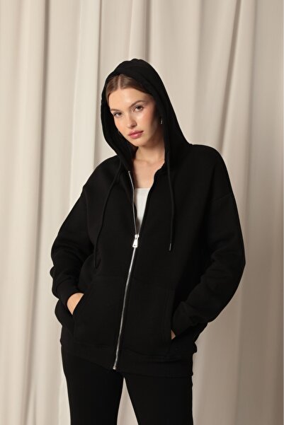 AsHK Kadın Fermuarlı Kapüşonlu Sweatshirt Pamuklu İçi Polarlı Kanguru Cepli S...