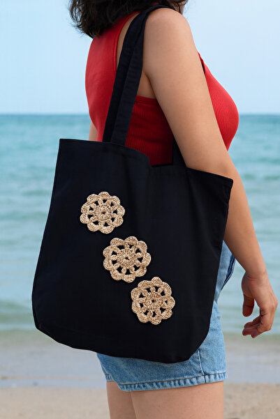 zümal tekstil tasarım Λινό τσαντάκι παραλίας με μοτίβο μακραμέ (χρώμα κρεμ-μα...