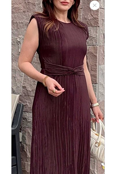 VİZYONER Women's Plissed Zero Sleeve Dress with Tie Detail