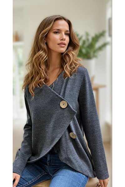 Pasaklı Giyim Women's Anthracite Asymmetrical Shawl Collar Button Detailed Loose Cardigan 3328264