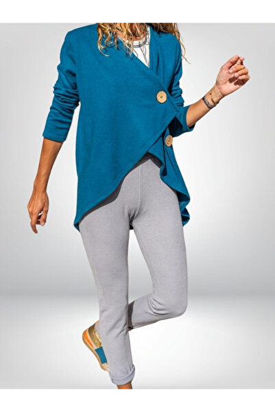 Pasaklı Giyim Women's Petrol Green Emerald Asymmetrical Shawl Collar Button Detailed Loose Cardigan 3328264