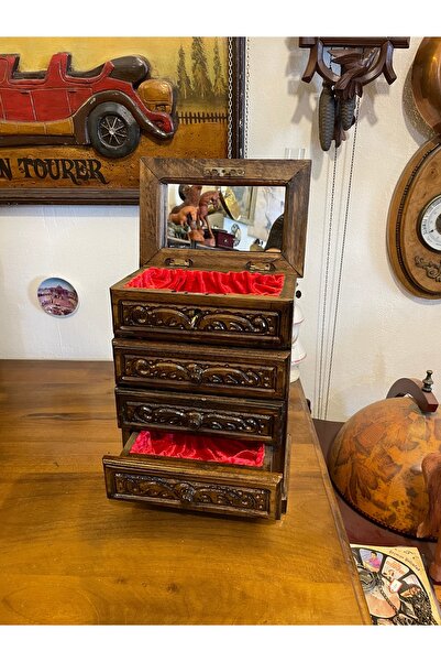 ANTİKA AYAL Ahşap kilitli aynalı 3 çekmeceli sandık yükseklik 34 cm