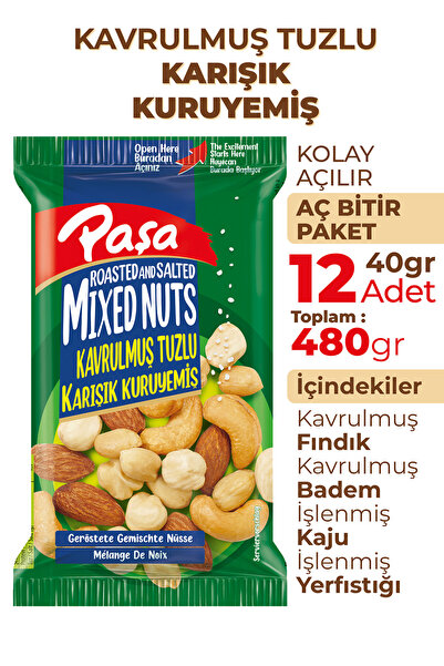 Paşa Kuruyemiş Kavrulmuş Karışık Kuruyemiş 40 gr X 12 Adet (480 GR), Tuzlu Karışık Kuruyemiş