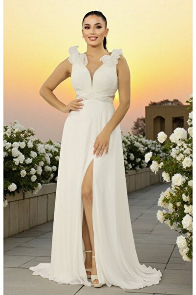 FaBe Fashion ÖNÜ PLİSELİ OMUZLARI VE SIRTI VOLANLI YIRTMAÇLI ŞİFON NİKAH-NİŞAN ELBİSESİ