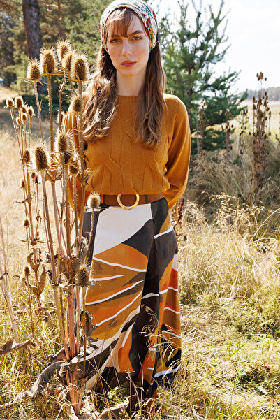 Desen Triko Women's Crew Neck Thick Walking Wool Sweater Mustard