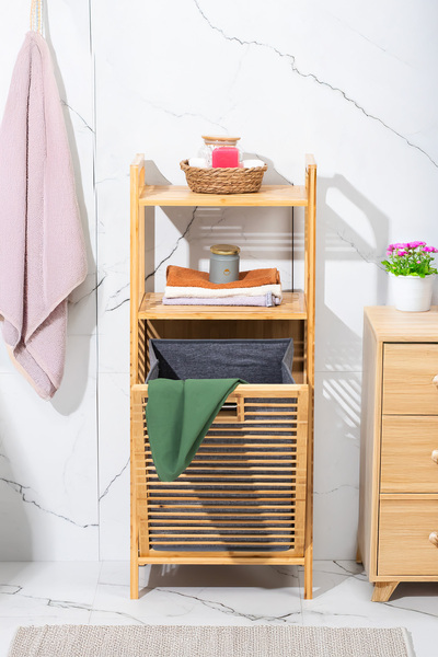 Porsima 2063 Ahşap Bambu Kirli Sepetli 2 Raflı Çok Amaçlı Banyo Düzenleyici Kirli Çamaşır Sepeti Organizeri