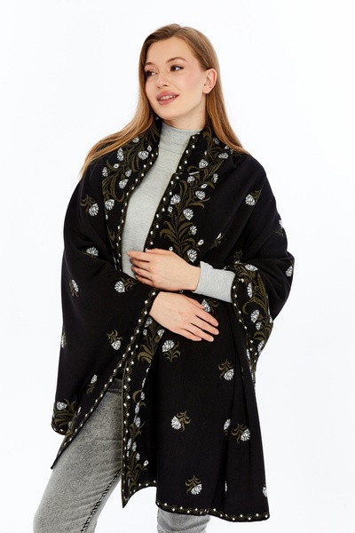 panşalço شال كتف تريكو موديل كارنفيل أسود-كاكي-عاجي، شال تريكو، شال، نسائي، شاب، شال للأمهات، 75×180 سم