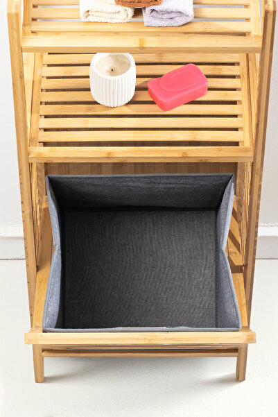 Porsima 2063 Ahşap Bambu Kirli Sepetli 2 Raflı Çok Amaçlı Banyo Düzenleyici Kirli Çamaşır Sepeti Organizeri