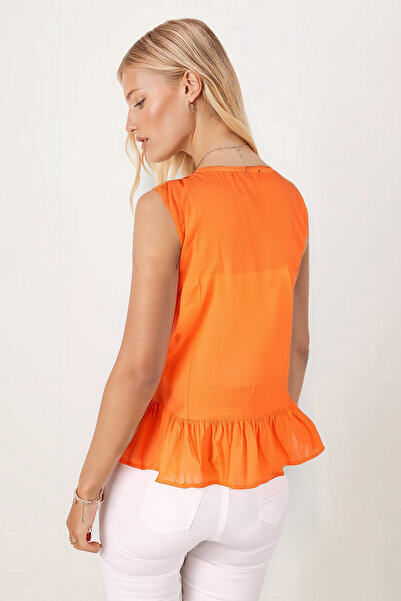armonika Women's Orange V-Neck Front Tie Skirt Ruffled Blouse Arm-25Y001102