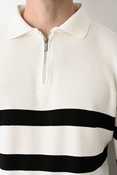 İLKCET MODA Πουλόβερ με φερμουάρ γιακά εκρού Premium ριγέ ατσάλινο πλεκτό πουλόβερ