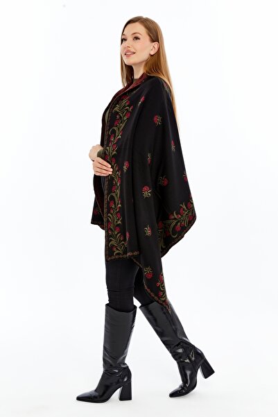 panşalço موديل قرنفل تريكو أسود أحمر كلاريت + شال كتف + 75x180 سم