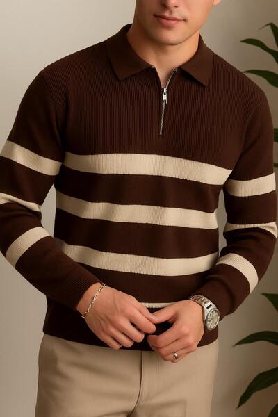 İLKCET MODA سترة تريكو فاخرة من الفولاذ مخططة باللون البني بياقة بسحاب