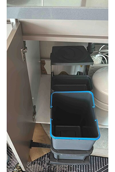 almital mobilya aksesuarları furniture accessories Telescopic Rail Anthracite Kitchen Trash Can 16+1 Liters, Blue Handle, Minimum Lid Width 40 Cm.