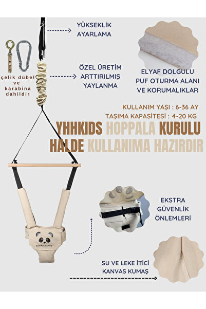 YHH Kids BouncyNest Elyaf Dolgulu Bebek Hoppala – Yumuşak Minderli, Emniyet Kemerli Zıpzıp Bej