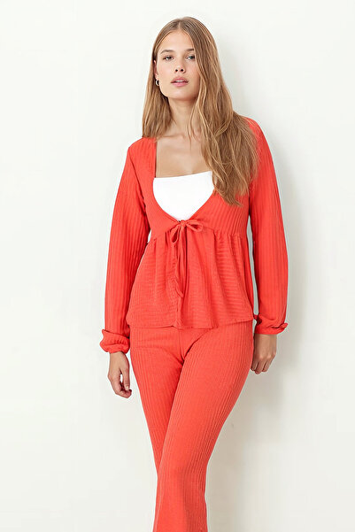 armonika Women's Orange V-Neck Soft Textured Tie-Front Lycra Pants Two-Piece Set Arm-26K001002