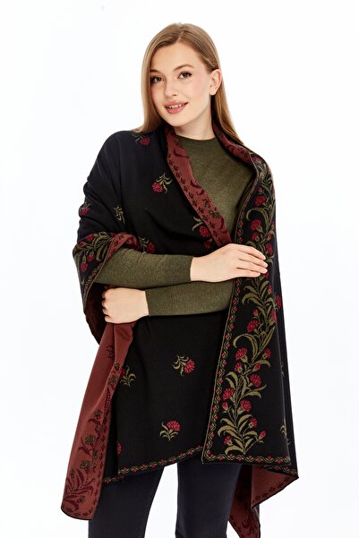 panşalço موديل قرنفل تريكو أسود أحمر كلاريت + شال كتف + 75x180 سم