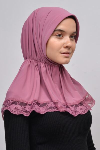 Altobeh Lacy Rubber Drawstring Interlining Banded Snap Fastener Ready Turban Practical Scarf-Dried Rose