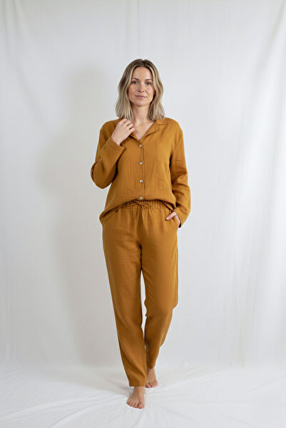 JOJOMIA Lona Kadın Keten Pijama Takım Hardal