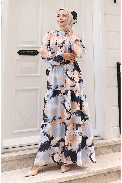 sefamerve Φόρεμα με δετή μέση από μοντάλ ύφασμα 0160-03 Μπεζ μπλε σκούρο