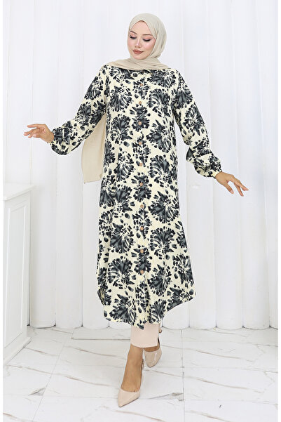 sefamerve Tunică lungă cu nasturi din material de viscoză 0174-05 bej negru