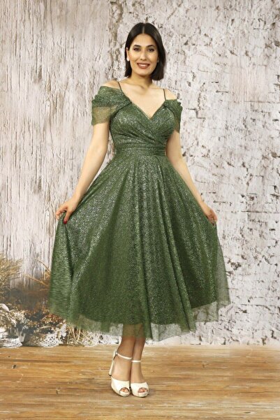 FaBe Fashion Ip Askılı Düşük Kollu Kruvaze Yaka Beli Büzgülü Midi Simli Dantel Mezuniyet-nişan-söz Elbisesi