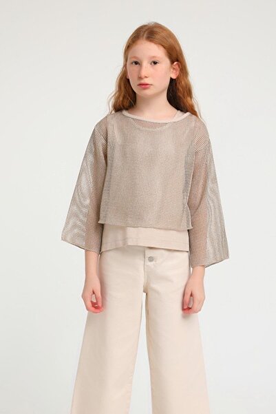 Escabel Kız Çocuk 5-14 Yaş File Crop & Body İkili Bluz 35686 Bej