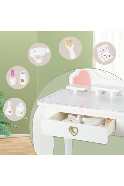 Smart Vibe BellePrincesse KinderVibe™ Wooden Makeup Table with Stool, Pastel White