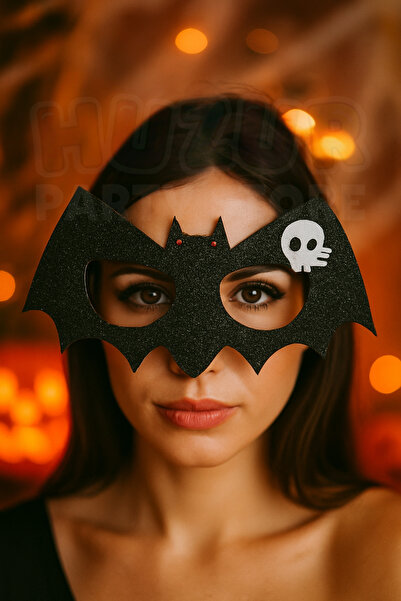 Huzur Party Store Siyah Yarasa Gözlük Keçe Simli Kırmızı Gözlü Beyaz Kafatası Detaylı Halloween Parti Cadıllar Bayramı