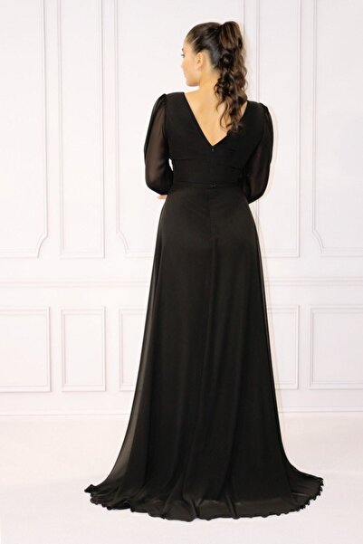 FaBe Fashion Kruvaze Yaka Uzun Kollu Beli Tokalı Yırtmaçlı Şifon Nikah Ve Dış Çekim Abiye Elbisesi