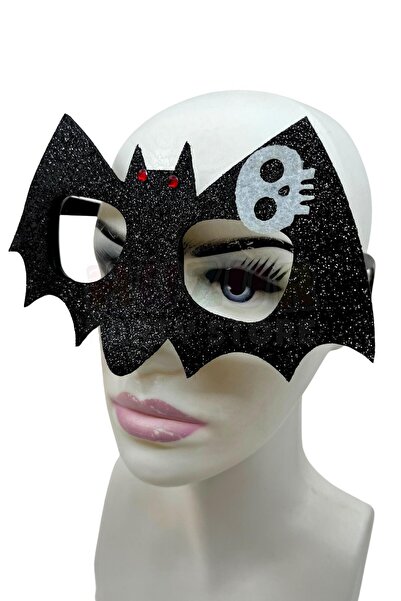 Huzur Party Store Siyah Yarasa Gözlük Keçe Simli Kırmızı Gözlü Beyaz Kafatası Detaylı Halloween Parti Cadıllar Bayramı