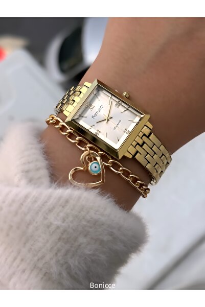 Ferrucci Sarı Renk, Çelik Kordon Su Geçirmez Garantili Kadın Kol Saati Bileklik
