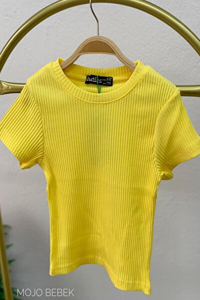 Cuties بدلة للفتيات من عمر 5-14 سنة حياكة مضلعة بأكمام قصيرة 3130 أصفر