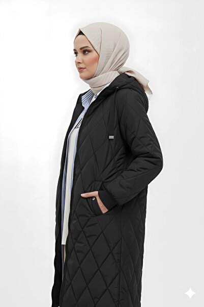 hazelin Γυναικείο μαύρο μακρύ παλτό με καπιτονέ επένδυση HZL25W-BD151381