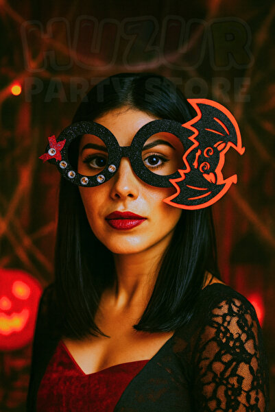 Huzur Party Store Siyah Turuncu Yarasa Gözlük Halloween Partisi Cadılar Bayramı Gözlüğü Unisex Beyaz Taşlı Simli Süs
