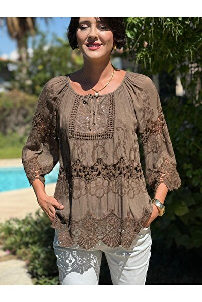 Punta Otantik NC20428 Италианска класическа копринена блуза Кафе