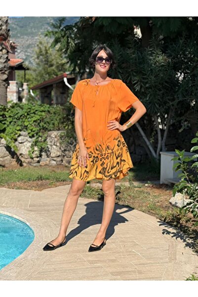 Punta Otantik NC10526 Rochie din bumbac leopard cu guler italian elastic portocaliu