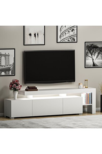 İNARCH DİZAYN Beliz Modern LED Işıklı 3 Kapaklı, Raflı TV Sehpası – 192 cm - Beyaz