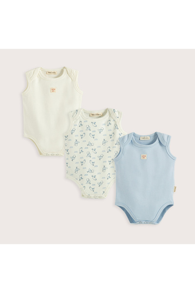 Chakra Sea Sıde 3'Lü Kolsuz Body Kutu Set Ekru/Mavi